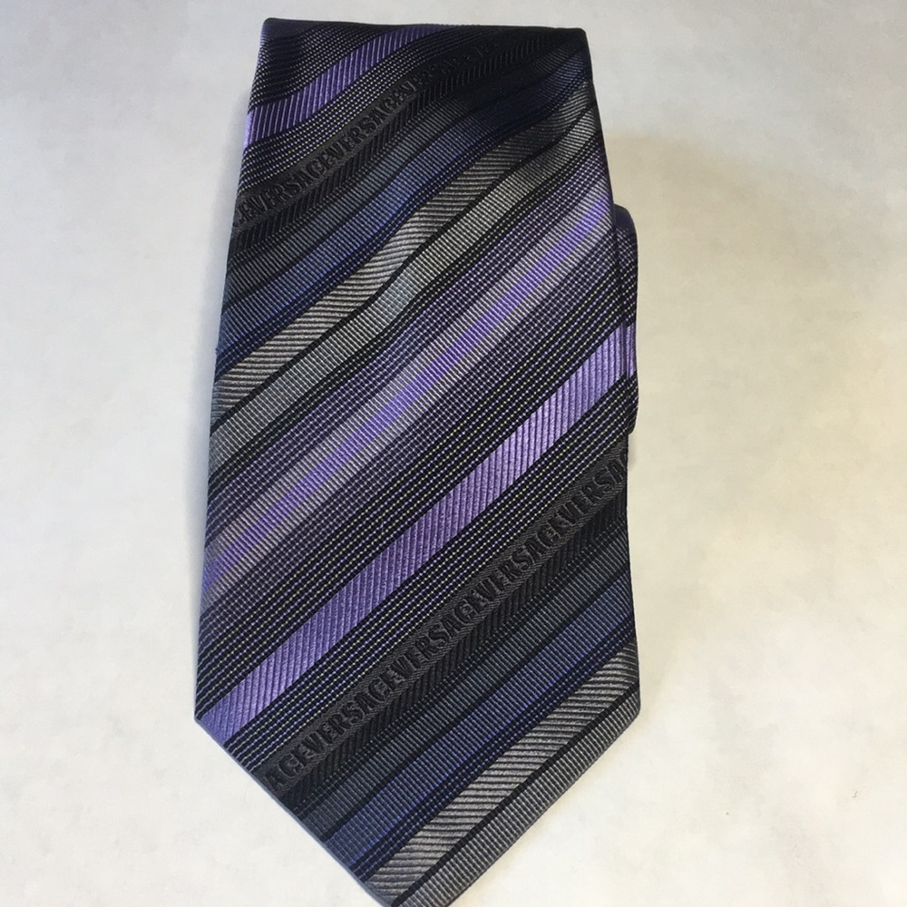 VERSACE purple/grey/black diagonal striped tie.